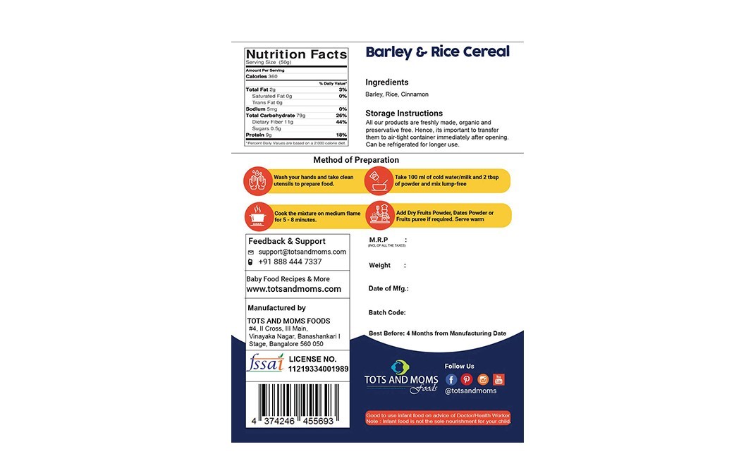 Tots And Moms Foods Barley & Rice Cereal    Pack  200 grams
